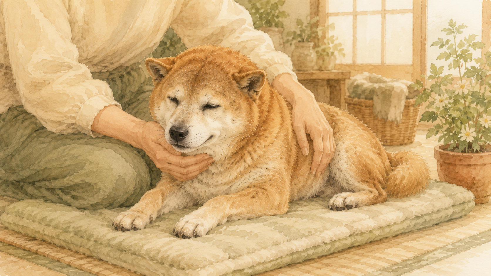 やわらかいマットの上で、飼い主に支えられながら穏やかに過ごす老犬の水彩イラスト