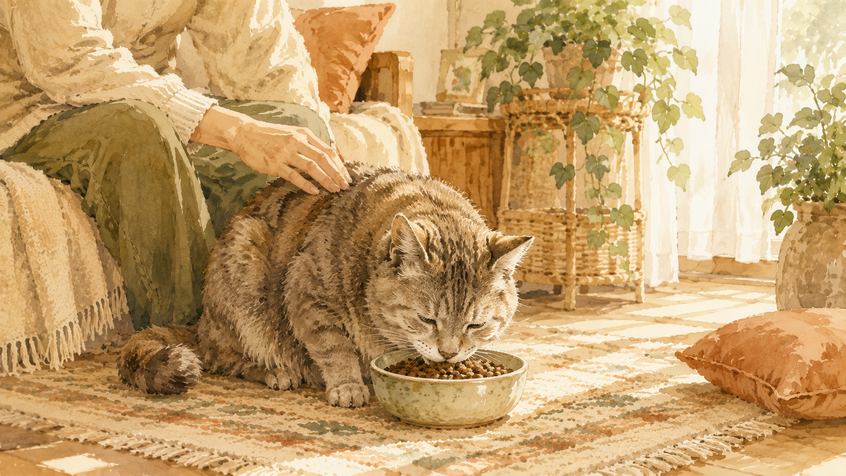 日だまりのなかで、やさしく見守られながらごはんを食べるシニア猫の水彩イラスト