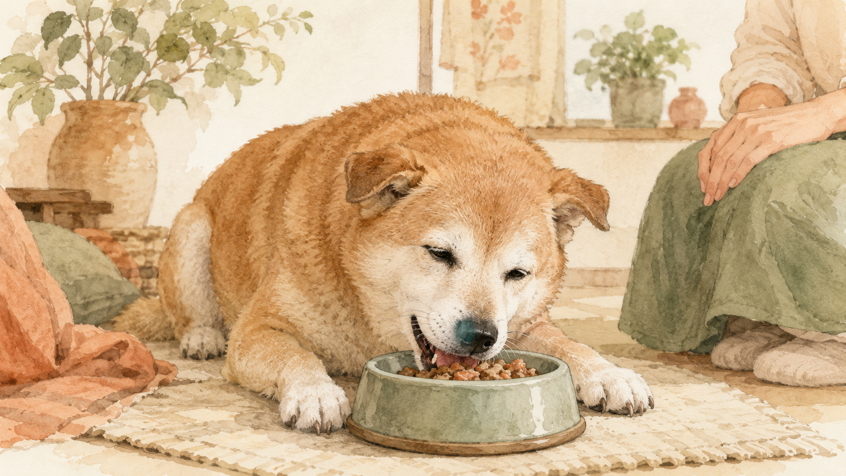 フードボウルから美味しそうにごはんを食べる、口元の白くなったシニア犬の水彩イラスト