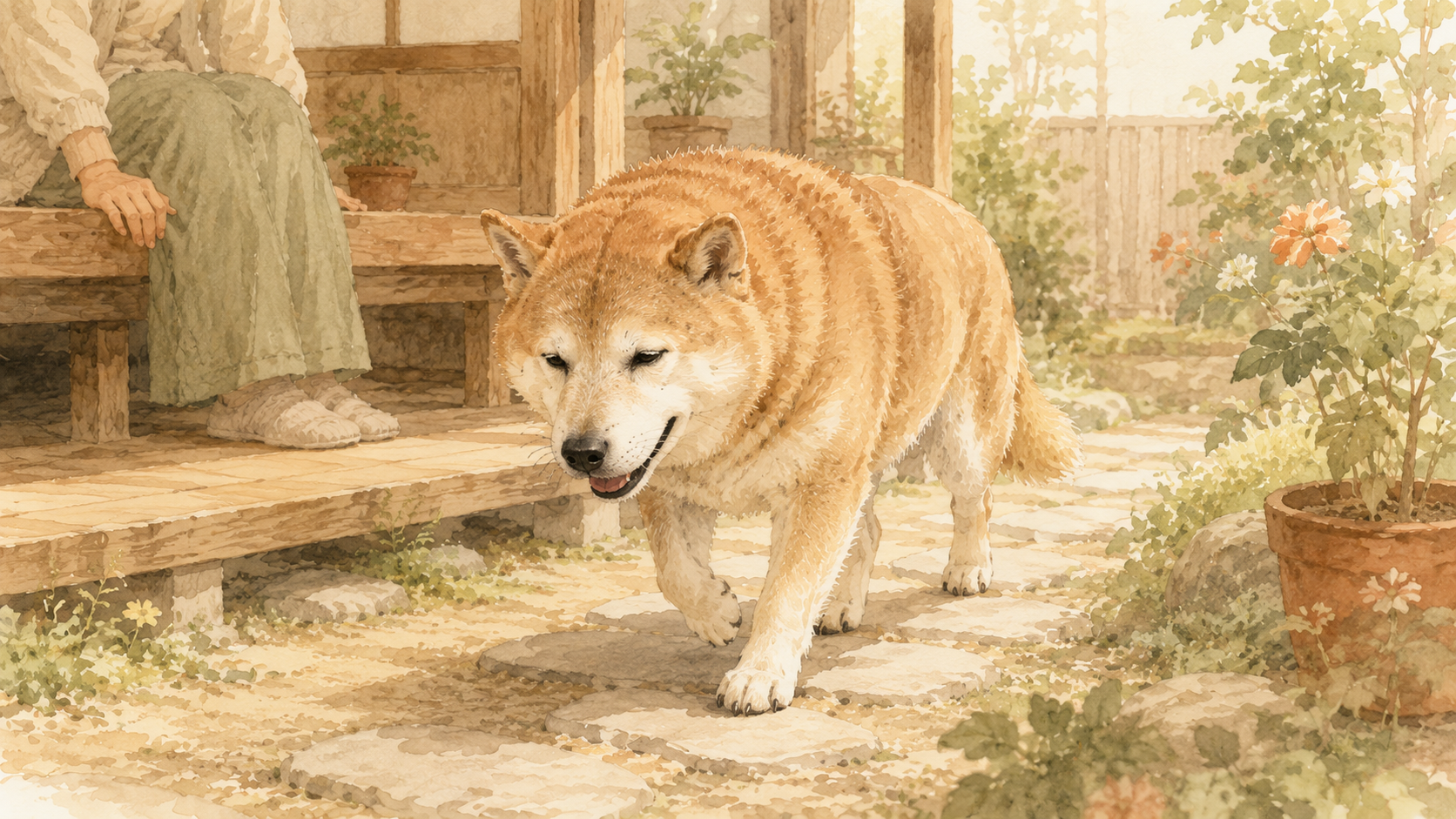 ゆっくりと、けれど嬉しそうに歩く口元の白くなったシニア犬の水彩イラスト