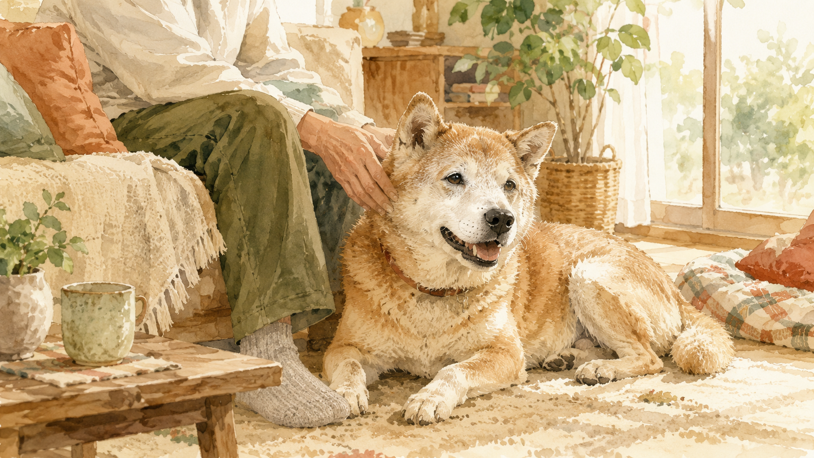 穏やかな日差しのなか、飼い主のそばで安心して過ごすシニアペットの水彩イラスト