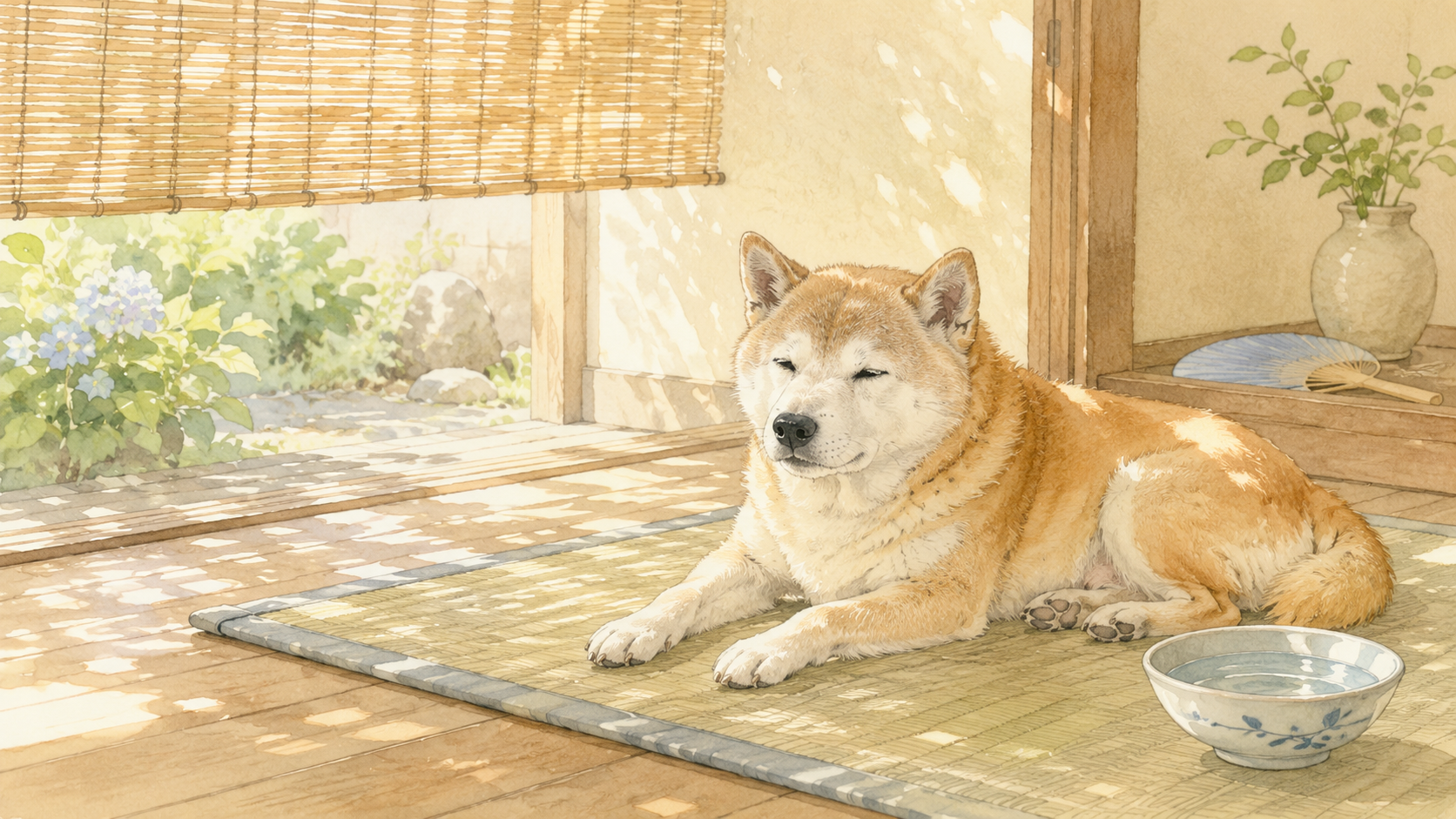 夏の室内で、すだれ越しのやわらかな光のなか、ひんやりマットで涼むシニア犬の水彩イラスト