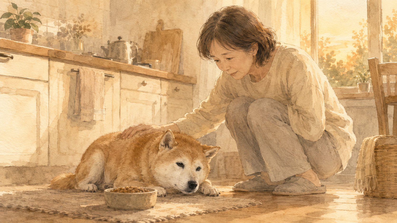 夕方の台所で、ごはんのお皿のそばに伏せるシニア犬と、しゃがんで寄り添う飼い主の水彩イラスト