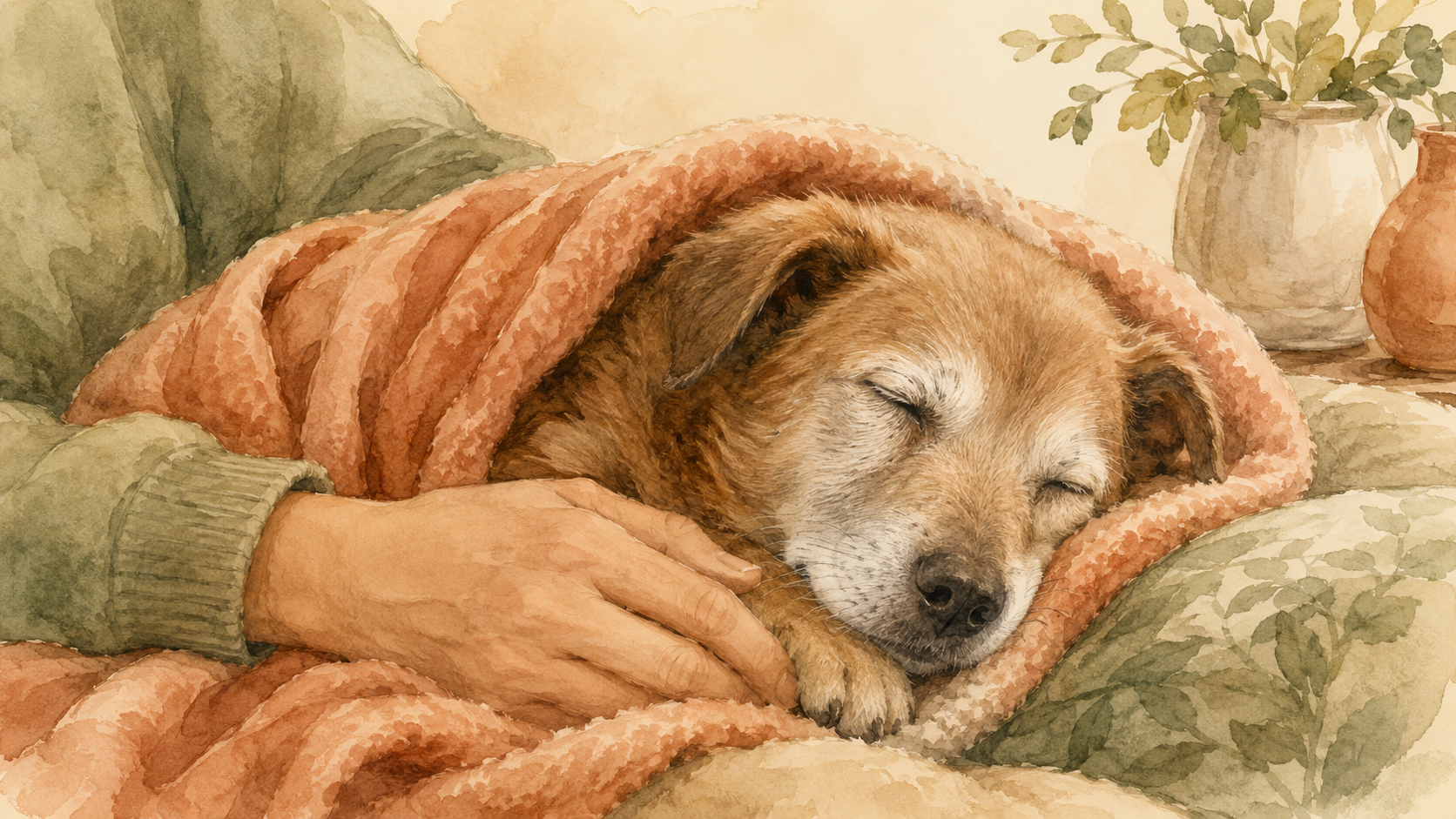 やわらかな毛布にくるまれ、飼い主のそばで穏やかに眠るシニアペットの水彩イラスト